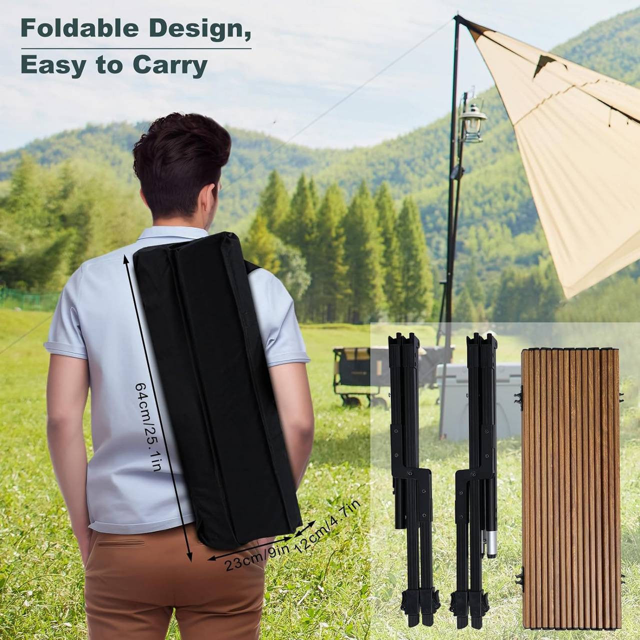 24goodz Folding Camping Table - Height Adjustable - Lightweight and Portable - Aluminium Alloy - Outdoor Enthusiasts - Wood Look