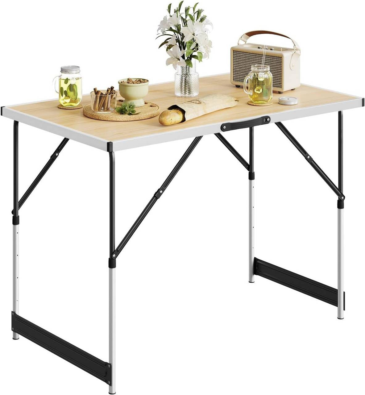24goodz Adjustable Folding Camping Table - Versatile Height Settings - Aluminium Alloy - For Indoor and Outdoor Use - Light Oak