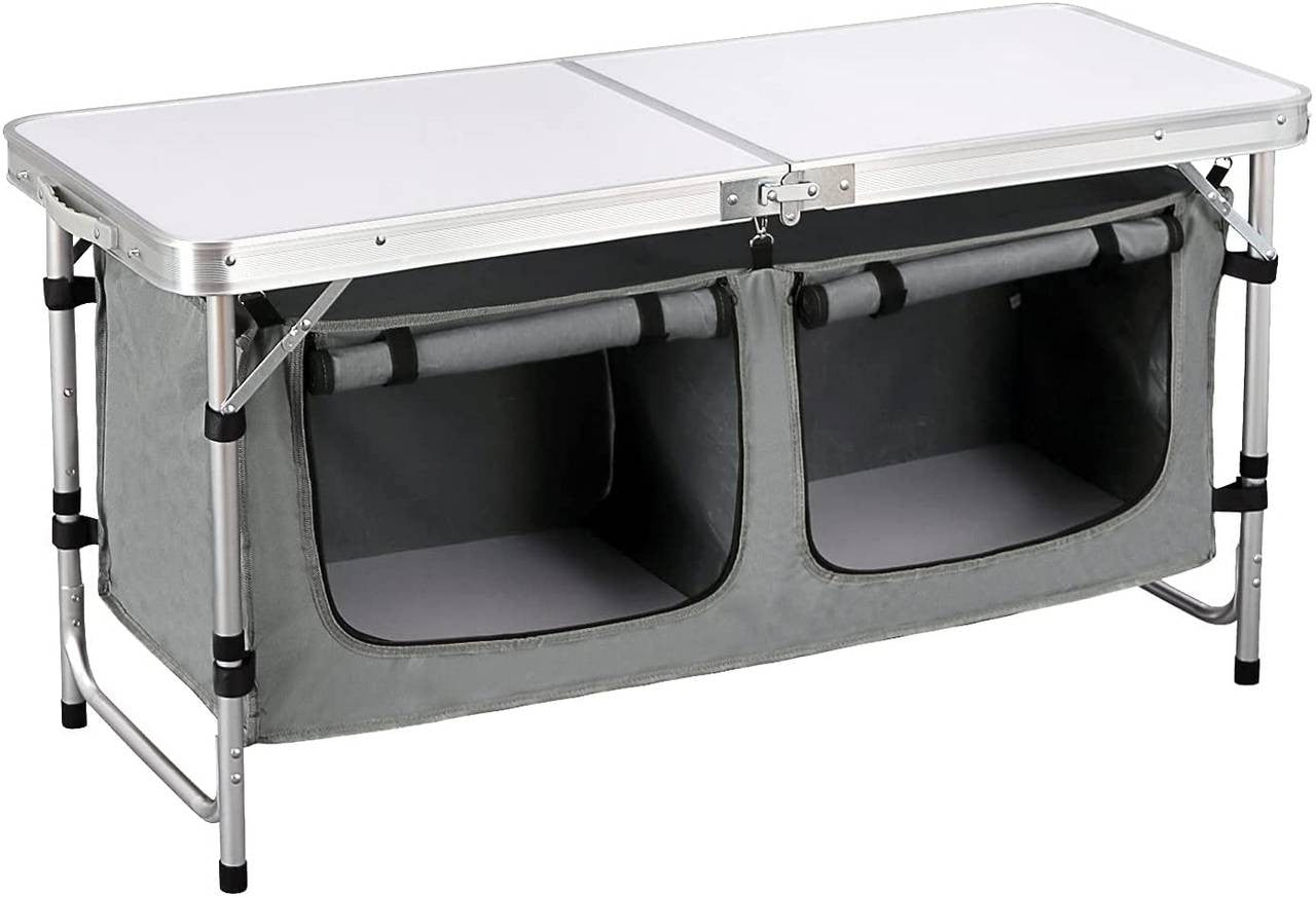24goodz Adjustable Camping Table with Storage - Portable and Easy to Clean - Aluminium Alloy and MDF - For Outdoor Enthusiasts - White + Grey - wgr