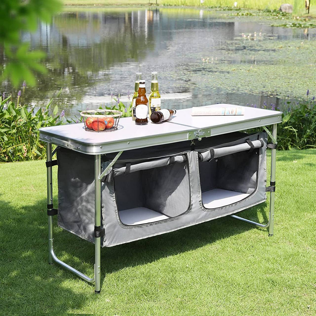 24goodz Adjustable Camping Table with Storage - Portable and Easy to Clean - Aluminium Alloy and MDF - For Outdoor Enthusiasts - White + Grey - wgr