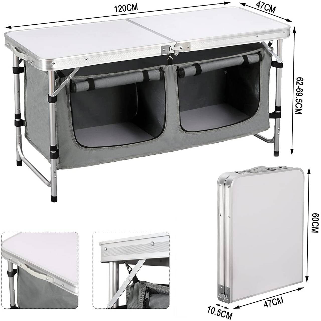 24goodz Adjustable Camping Table with Storage - Portable and Easy to Clean - Aluminium Alloy and MDF - For Outdoor Enthusiasts - White + Grey - wgr