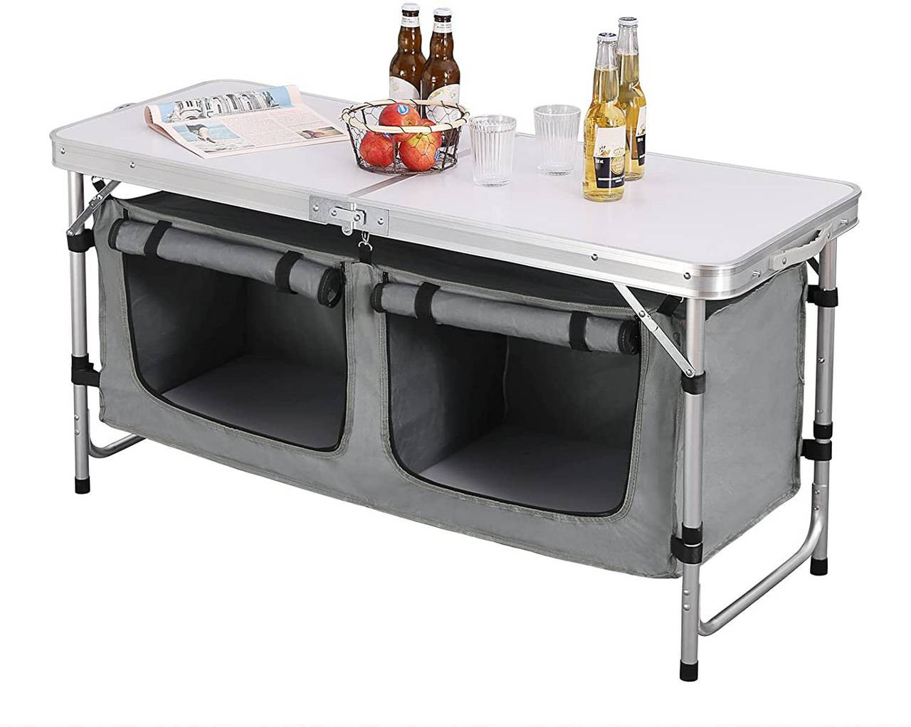 24goodz Adjustable Camping Table with Storage - Portable and Easy to Clean - Aluminium Alloy and MDF - For Outdoor Enthusiasts - White + Grey - wgr