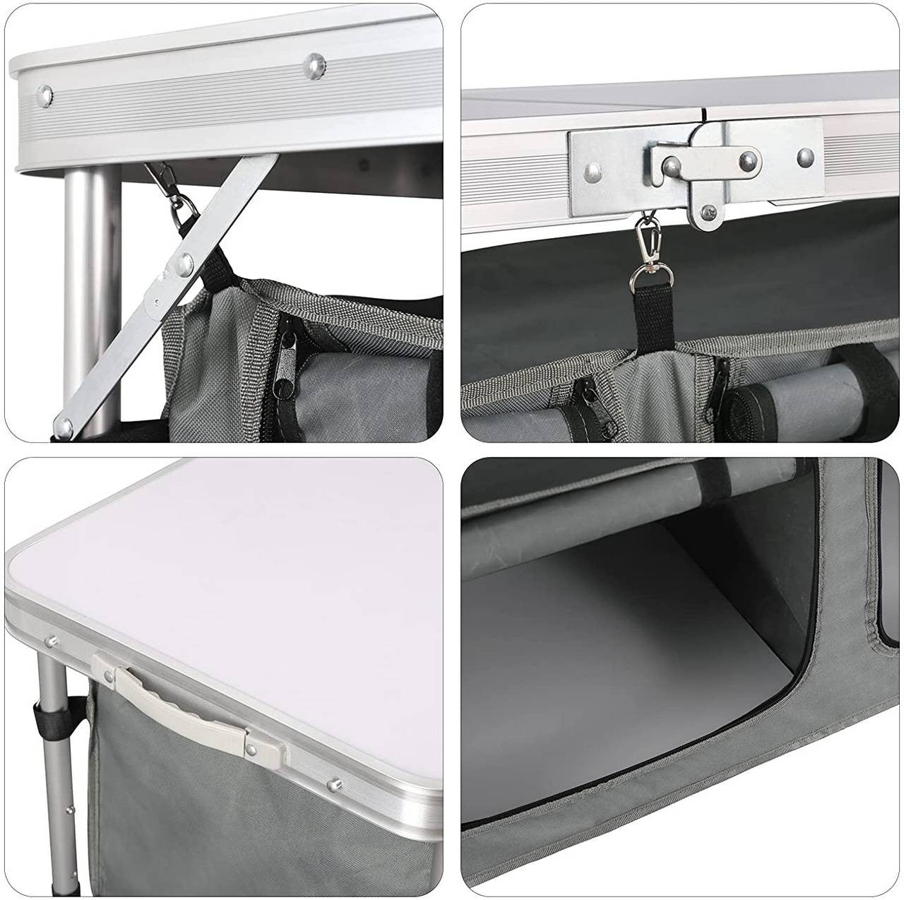 24goodz Adjustable Camping Table with Storage - Portable and Easy to Clean - Aluminium Alloy and MDF - For Outdoor Enthusiasts - White + Grey - wgr