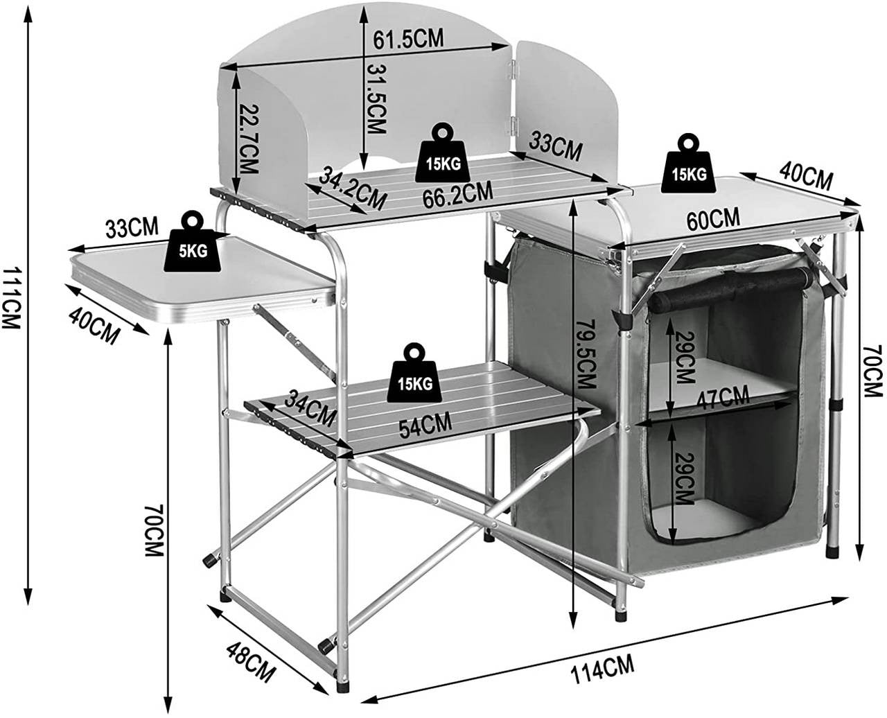 24goodz Foldable Camping Kitchen with Carry Bag - Durable Aluminium Frame - Easy to Transport - MDF - For Outdoor Enthusiasts - White/Gray - wgr