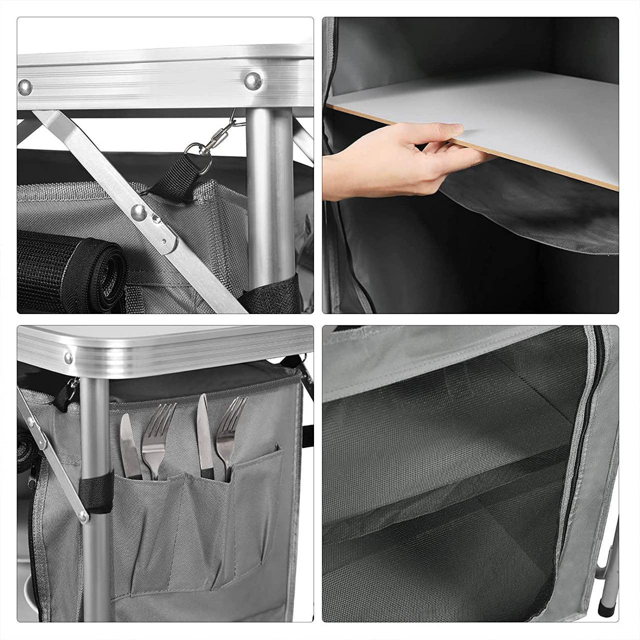24goodz Foldable Camping Kitchen with Carry Bag - Durable Aluminium Frame - Easy to Transport - MDF - For Outdoor Enthusiasts - White/Gray - wgr