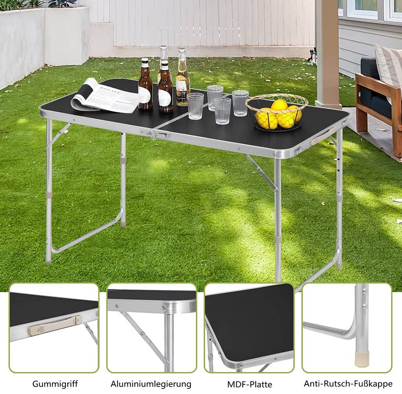 24goodz Folding Camping Table - Adjustable Height - Lightweight and Portable - MDF and Aluminum Alloy - For Adults and Children - Black - sz