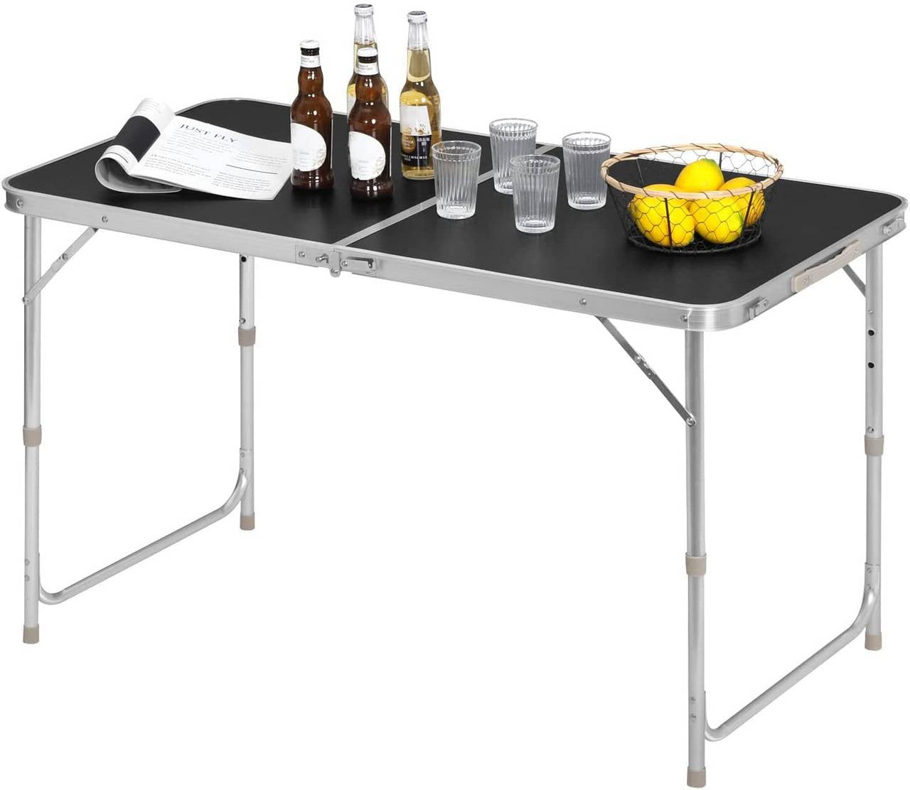 24goodz Folding Camping Table - Adjustable Height - Lightweight and Portable - MDF and Aluminum Alloy - For Adults and Children - Black - sz