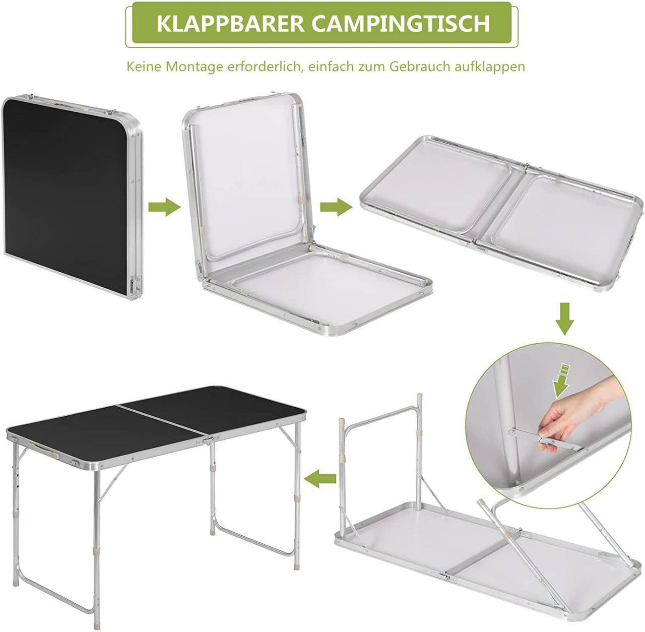 24goodz Folding Camping Table - Adjustable Height - Lightweight and Portable - MDF and Aluminum Alloy - For Adults and Children - Black - sz