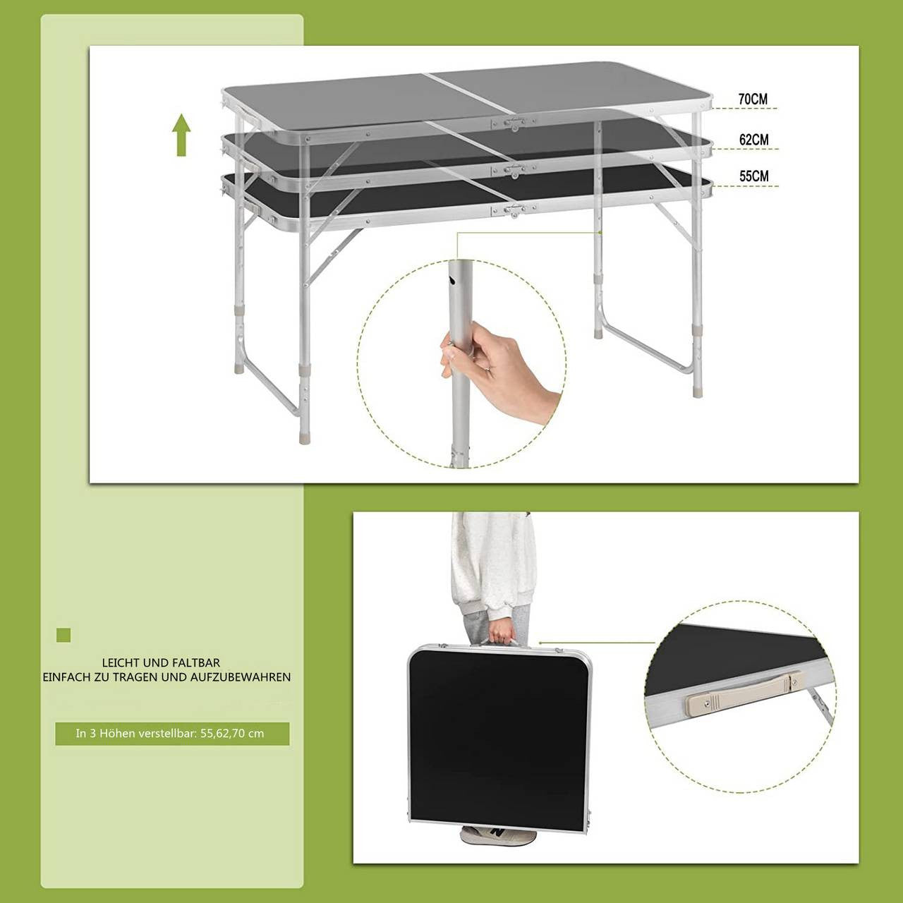 24goodz Folding Camping Table - Adjustable Height - Lightweight and Portable - MDF and Aluminum Alloy - For Adults and Children - Black - sz