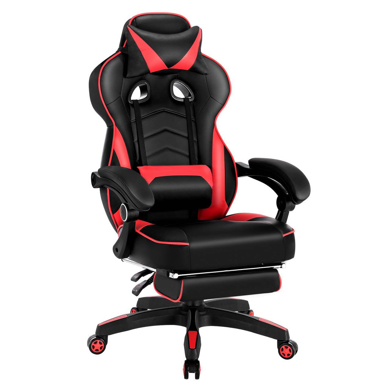 24goodz Gaming Chair with Headrest, Lumbar Support and Footrest - Ergonomic Design - Durable Materials - Black + Red