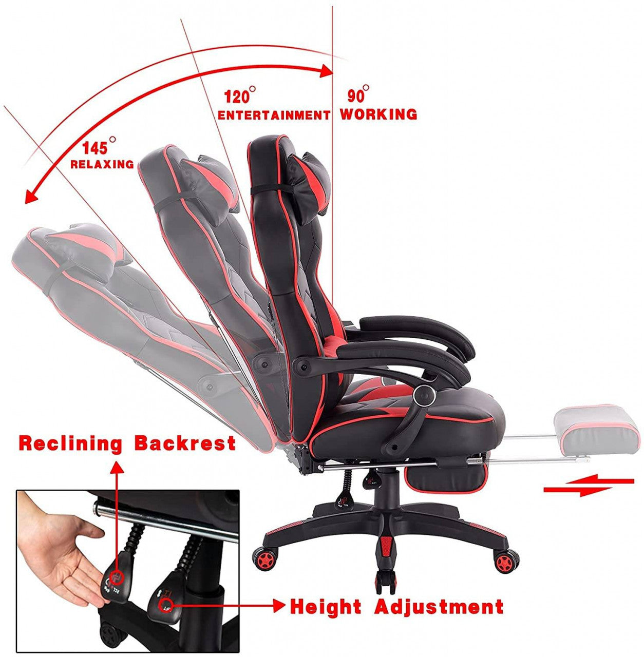 24goodz Gaming Chair with Headrest, Lumbar Support and Footrest - Ergonomic Design - Durable Materials - Black + Red
