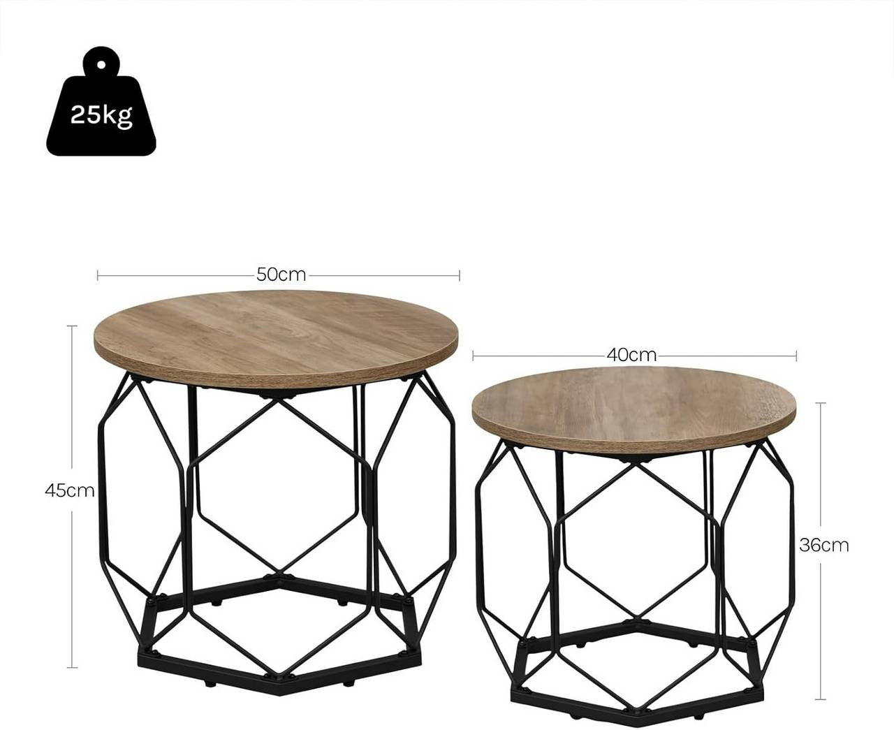 24goodz Set of 2 Coffee Tables - Stylish and Versatile Design - E1 Wood and Metal - Grey Wood Look - 50 x 45 cm / 40 x 36 cm