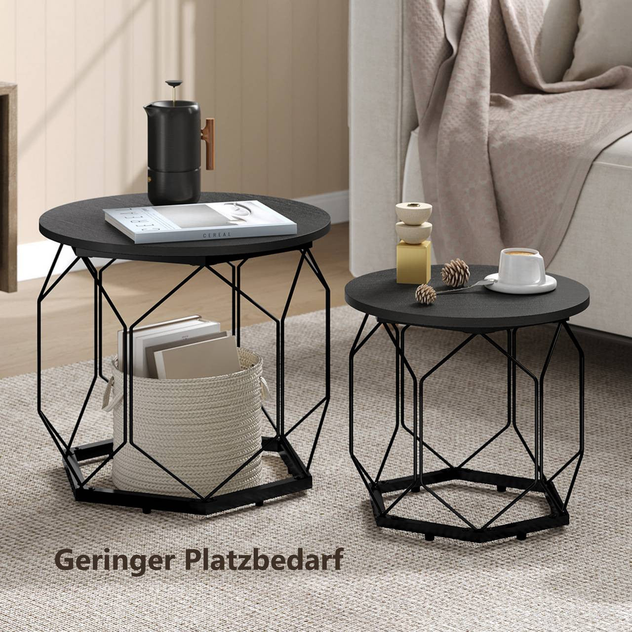 24goodz Set of 2 Coffee Tables - Stylish and Functional - E1 Wood and Metal - For Living Room Lovers - Black Wood Look