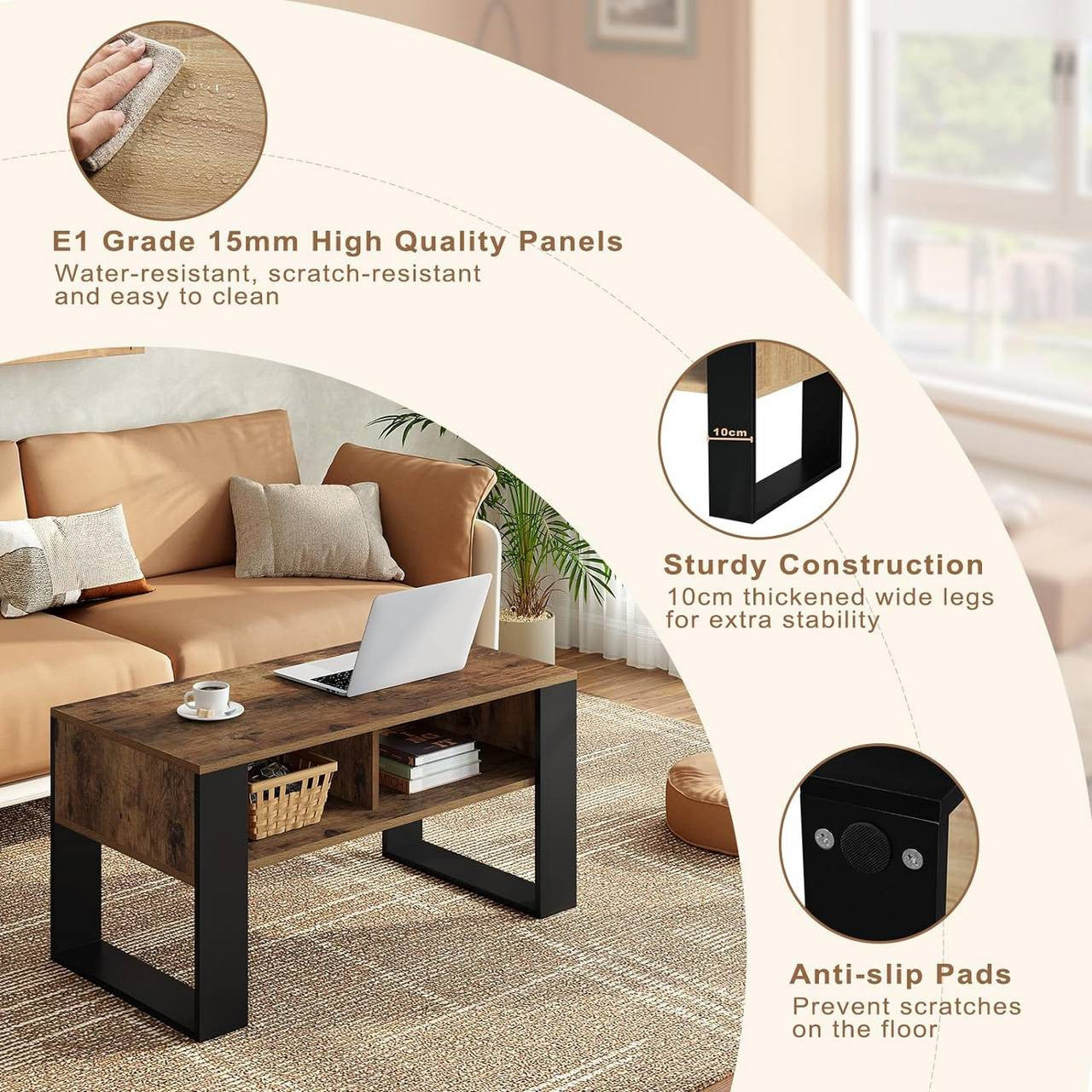24goodz Modern Coffee Table - Sturdy Construction - Ample Storage Space - E1 Wood Material - Black and Light Oak - 90 x 45 x 45 cm