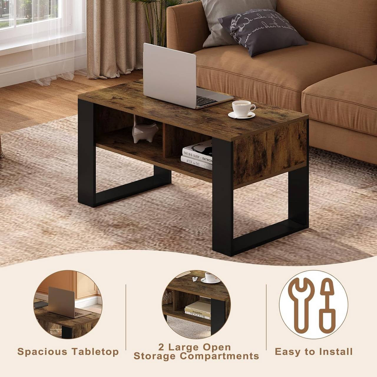 24goodz Modern Coffee Table - Sturdy Construction - Ample Storage Space - E1 Wood Material - Black and Light Oak - 90 x 45 x 45 cm
