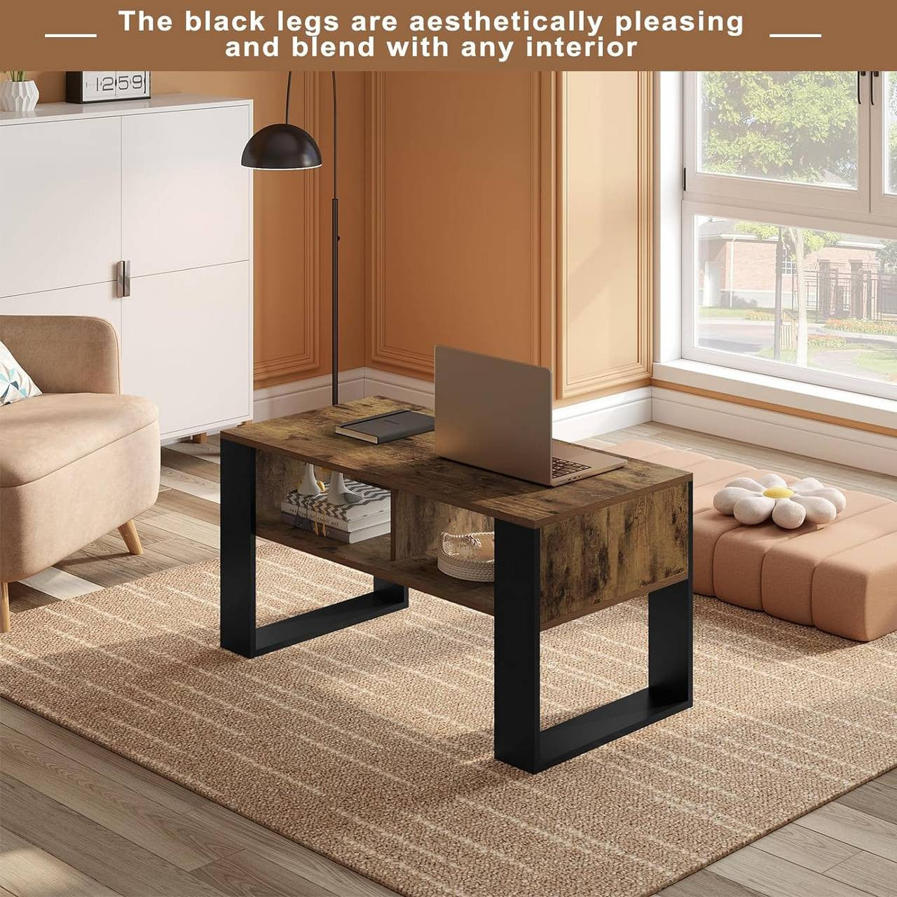 24goodz Modern Coffee Table - Sturdy Construction - Ample Storage Space - E1 Wood Material - Black and Light Oak - 90 x 45 x 45 cm