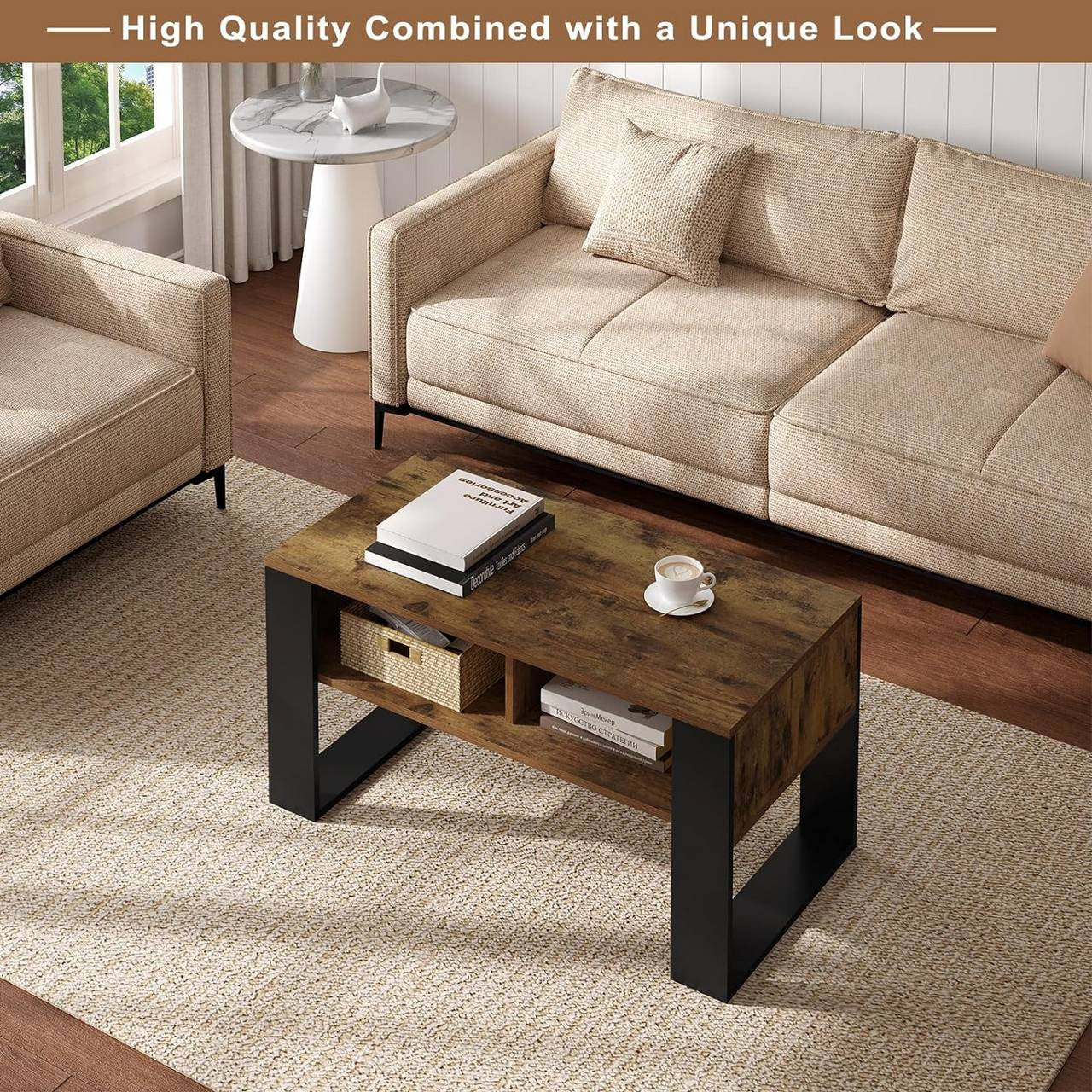 24goodz Modern Coffee Table - Sturdy Construction - Ample Storage Space - E1 Wood Material - Black and Light Oak - 90 x 45 x 45 cm
