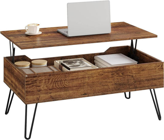 24goodz Adjustable Coffee Table - Hidden Storage Space - Sturdy Metal Legs - E1 Wood - For Living Rooms - Vintage Wood Look + Black