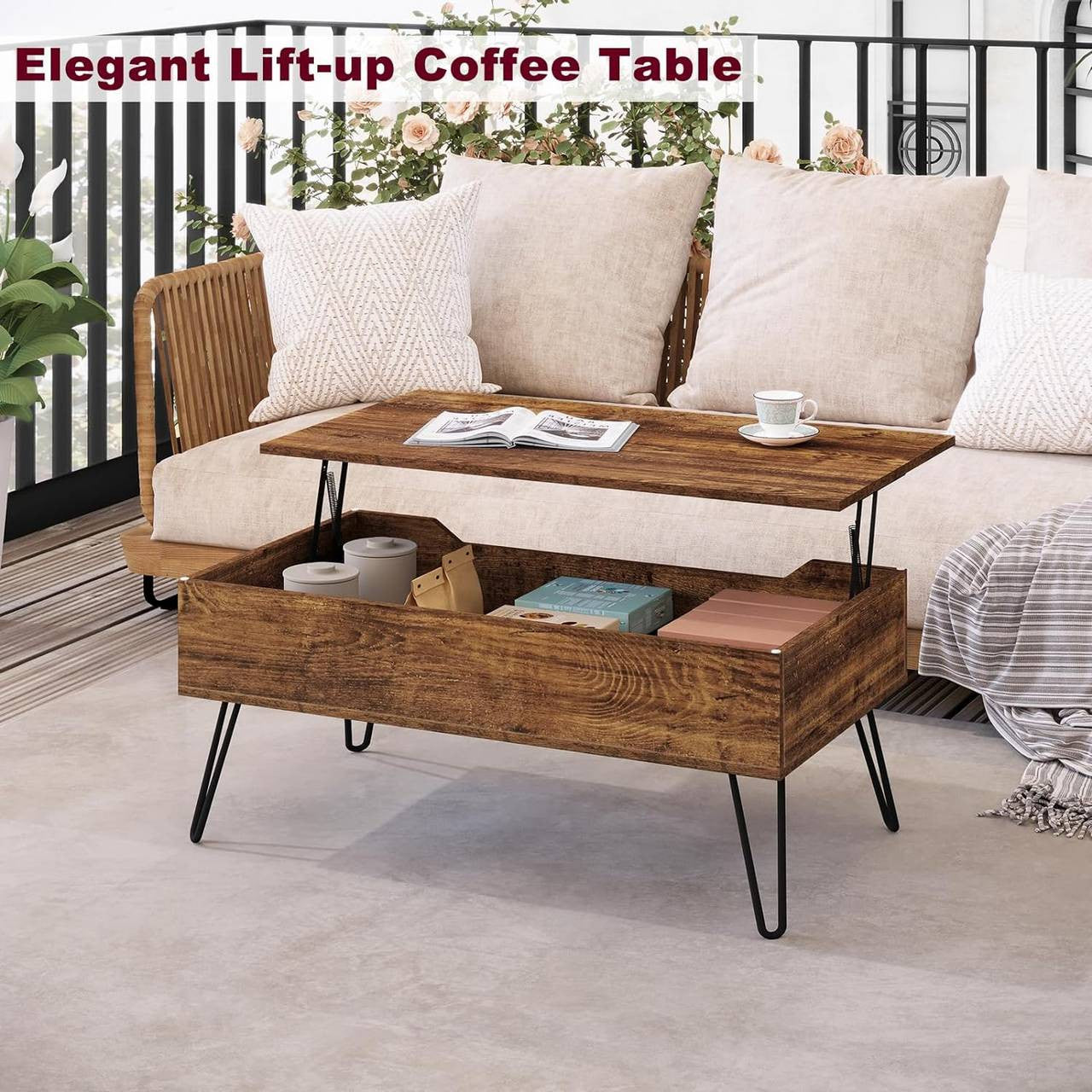 24goodz Adjustable Coffee Table - Hidden Storage Space - Sturdy Metal Legs - E1 Wood - For Living Rooms - Vintage Wood Look + Black