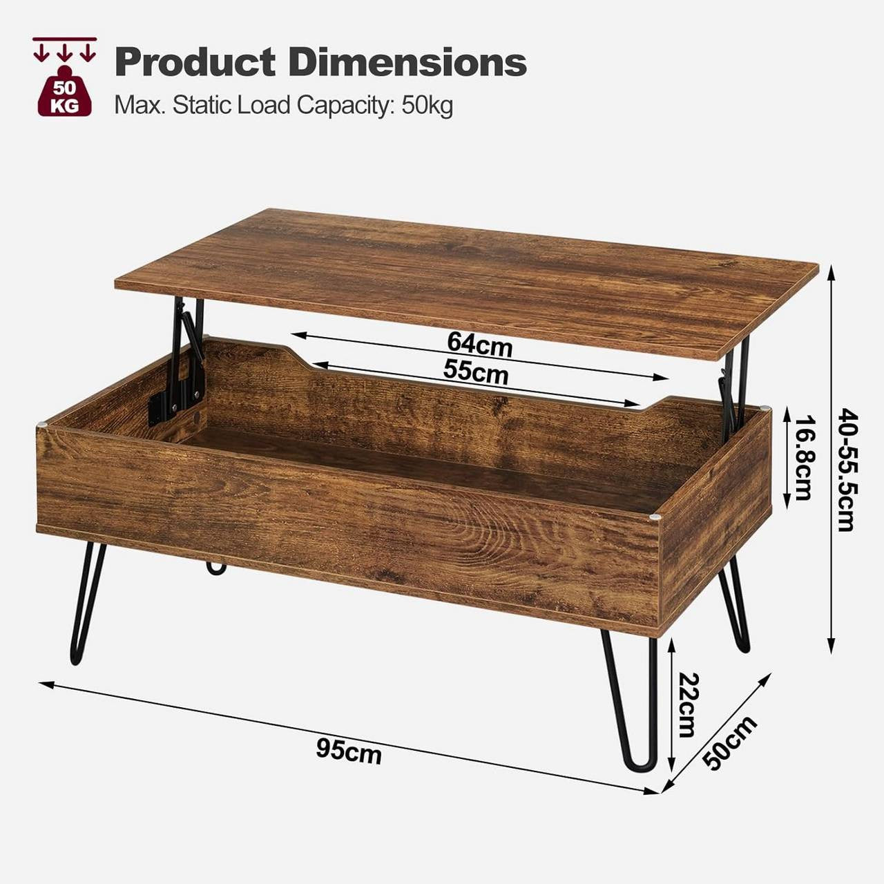 24goodz Adjustable Coffee Table - Hidden Storage Space - Sturdy Metal Legs - E1 Wood - For Living Rooms - Vintage Wood Look + Black