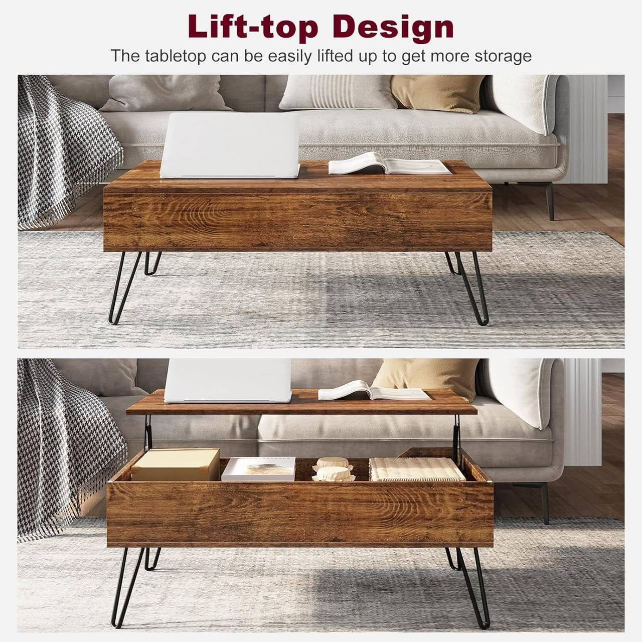 24goodz Adjustable Coffee Table - Hidden Storage Space - Sturdy Metal Legs - E1 Wood - For Living Rooms - Vintage Wood Look + Black