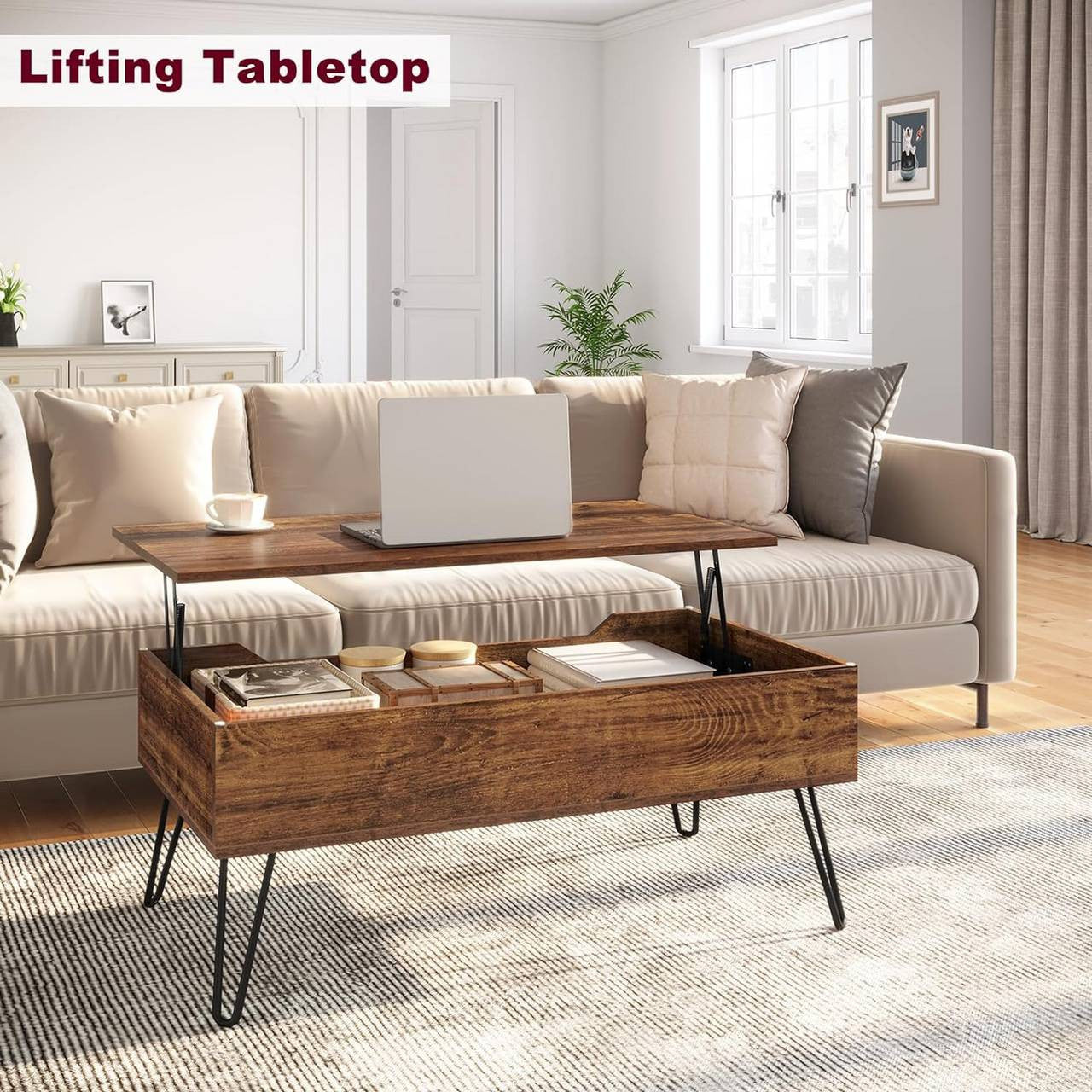 24goodz Adjustable Coffee Table - Hidden Storage Space - Sturdy Metal Legs - E1 Wood - For Living Rooms - Vintage Wood Look + Black