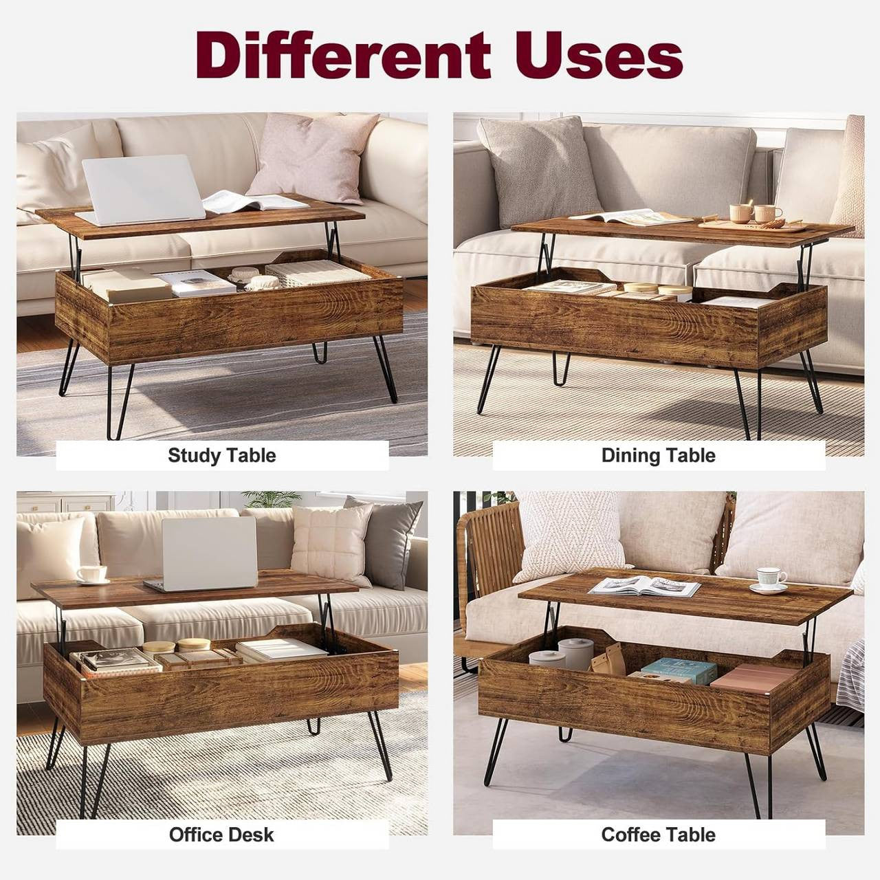 24goodz Adjustable Coffee Table - Hidden Storage Space - Sturdy Metal Legs - E1 Wood - For Living Rooms - Vintage Wood Look + Black