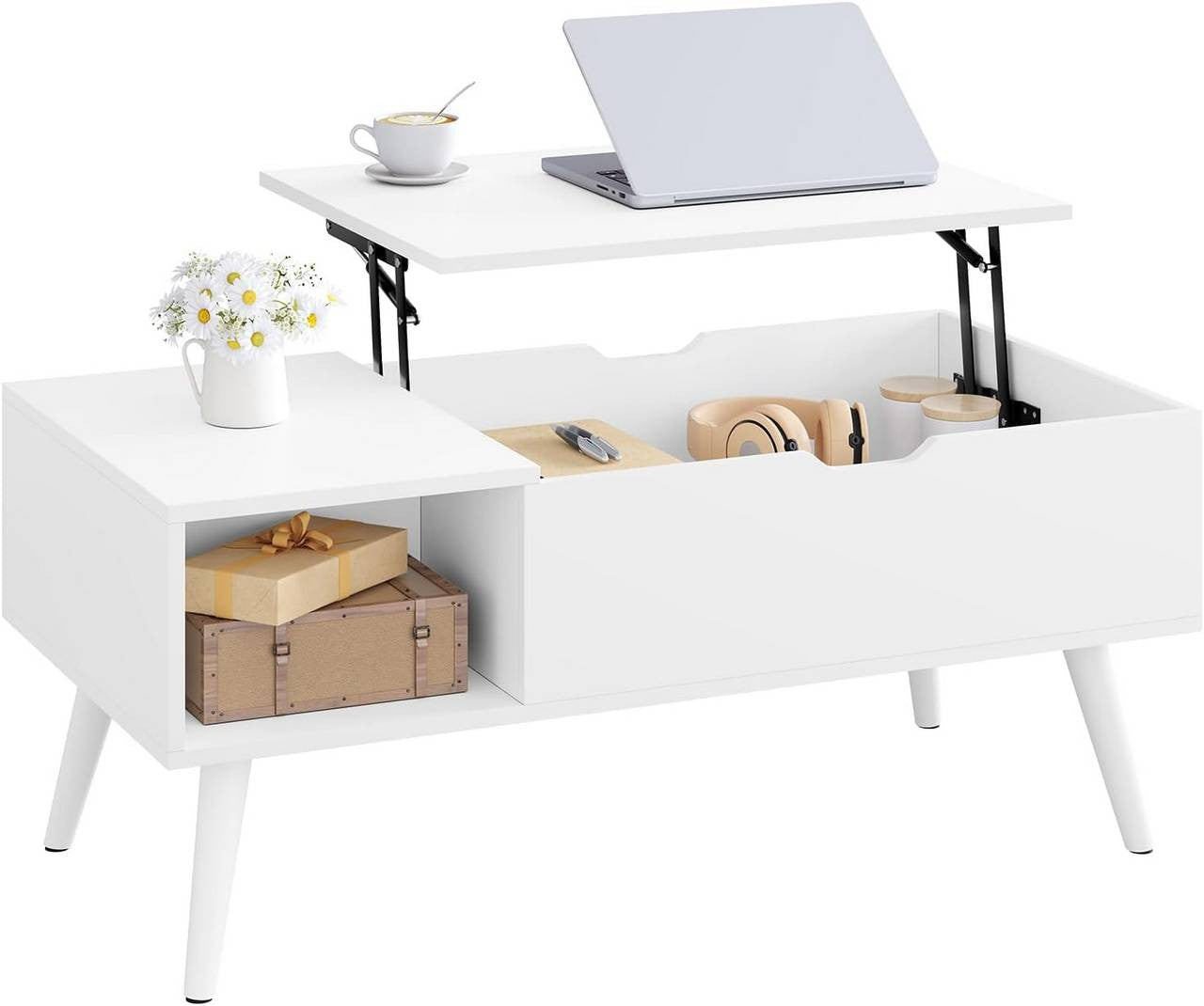 24goodz Adjustable Coffee Table - Versatile Lift-Top Design - E1 Wood and Metal - White - 100 x (43-57) x 50 cm