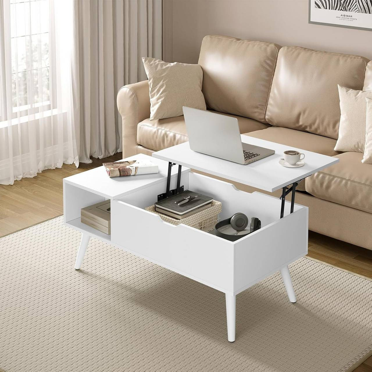 24goodz Adjustable Coffee Table - Versatile Lift-Top Design - E1 Wood and Metal - White - 100 x (43-57) x 50 cm