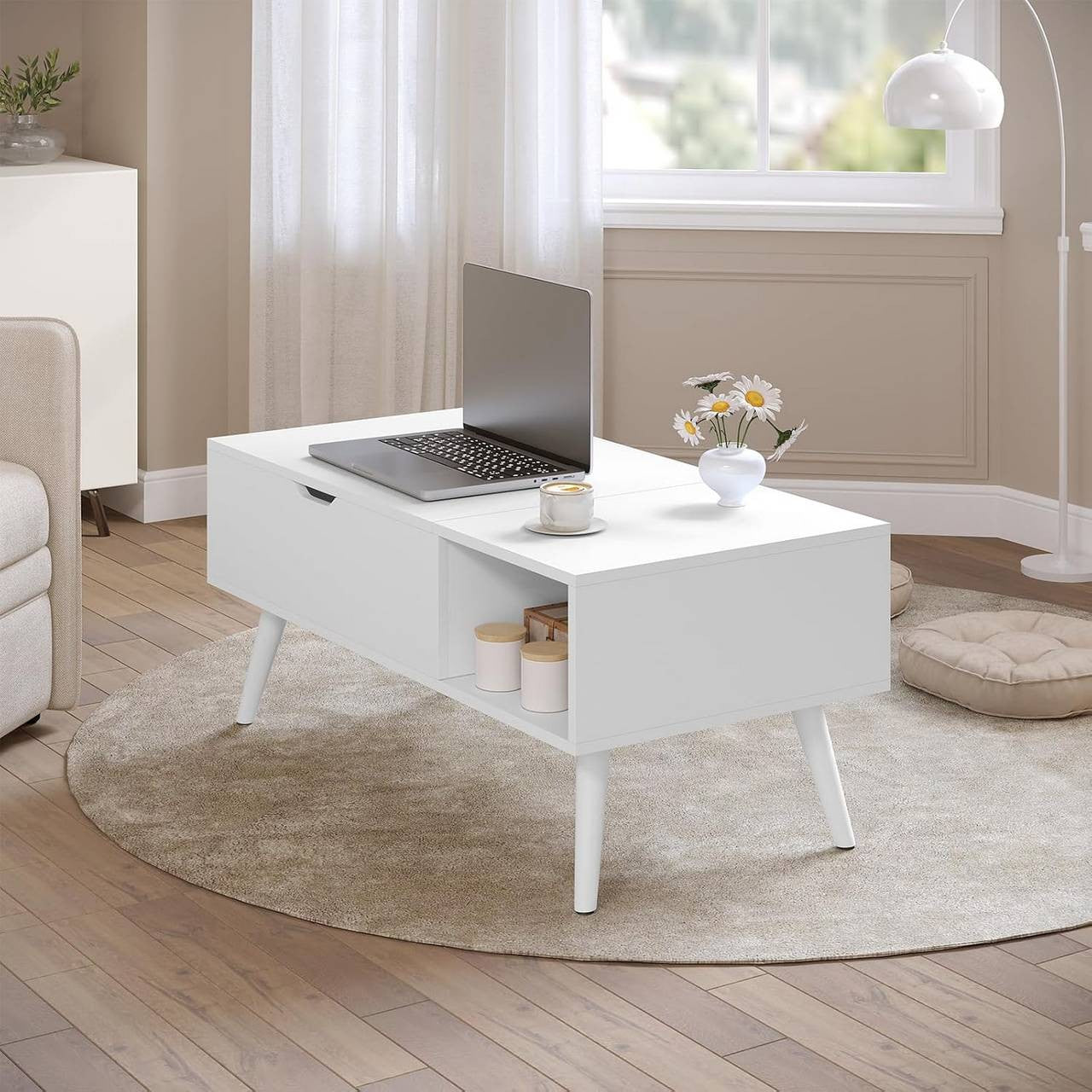 24goodz Adjustable Coffee Table - Versatile Lift-Top Design - E1 Wood and Metal - White - 100 x (43-57) x 50 cm