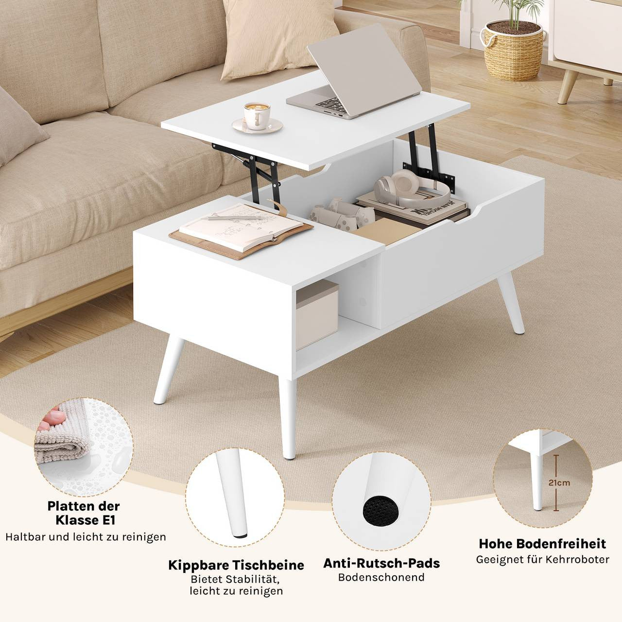 24goodz Adjustable Coffee Table - Versatile Lift-Top Design - E1 Wood and Metal - White - 100 x (43-57) x 50 cm