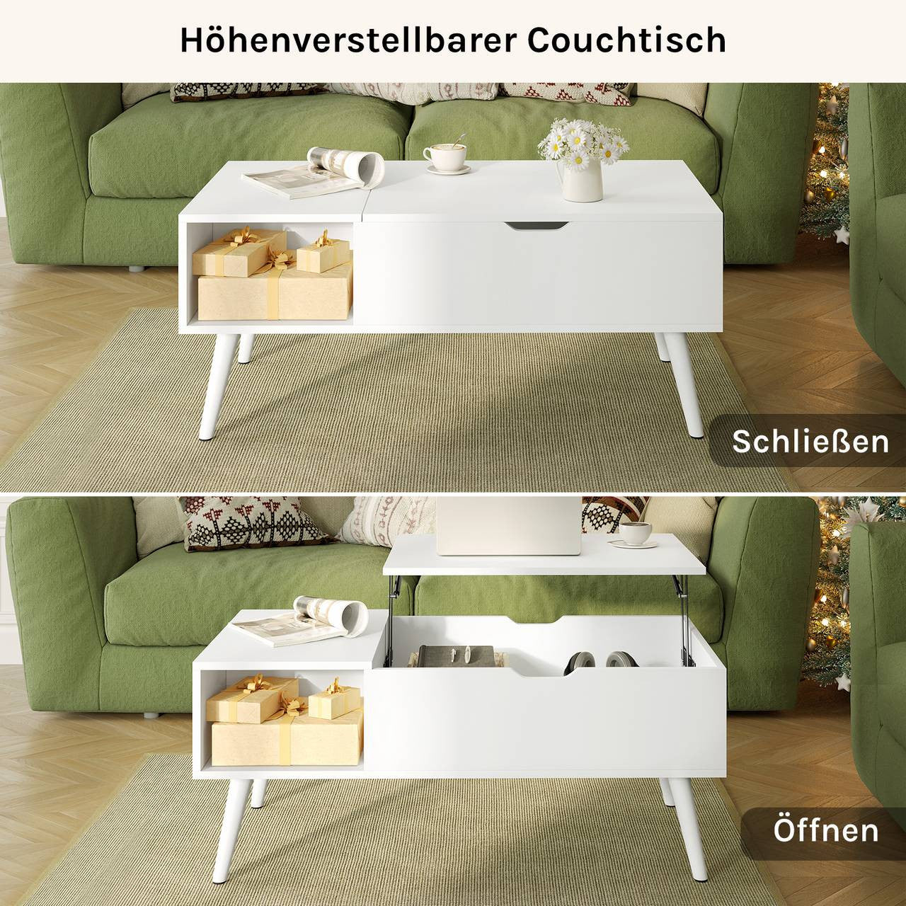 24goodz Adjustable Coffee Table - Versatile Lift-Top Design - E1 Wood and Metal - White - 100 x (43-57) x 50 cm