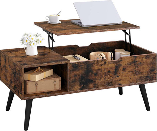 24goodz Adjustable Coffee Table - Ample Storage Space - Durable E1 Wood - For Living Room - Rustic Brown
