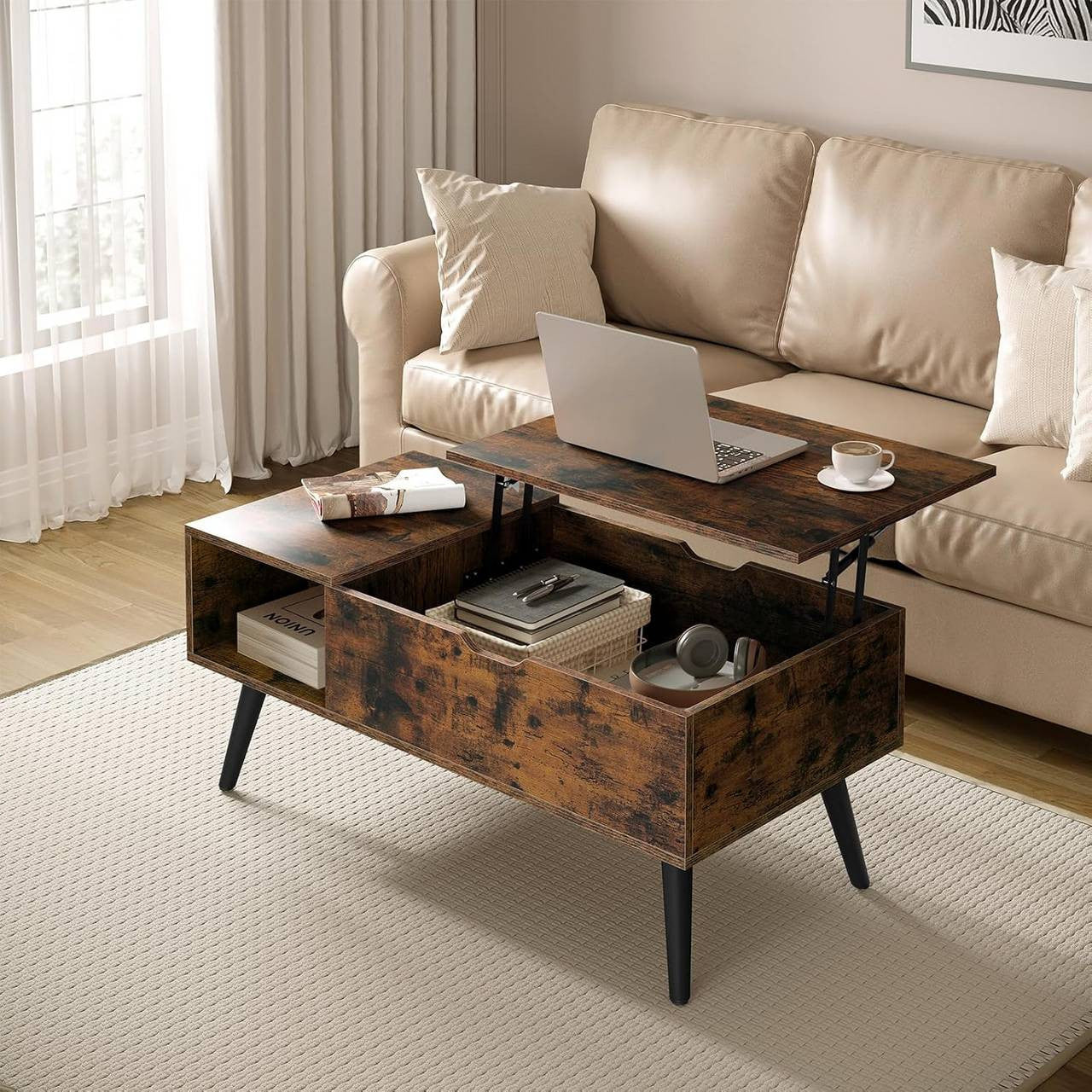 24goodz Adjustable Coffee Table - Ample Storage Space - Durable E1 Wood - For Living Room - Rustic Brown