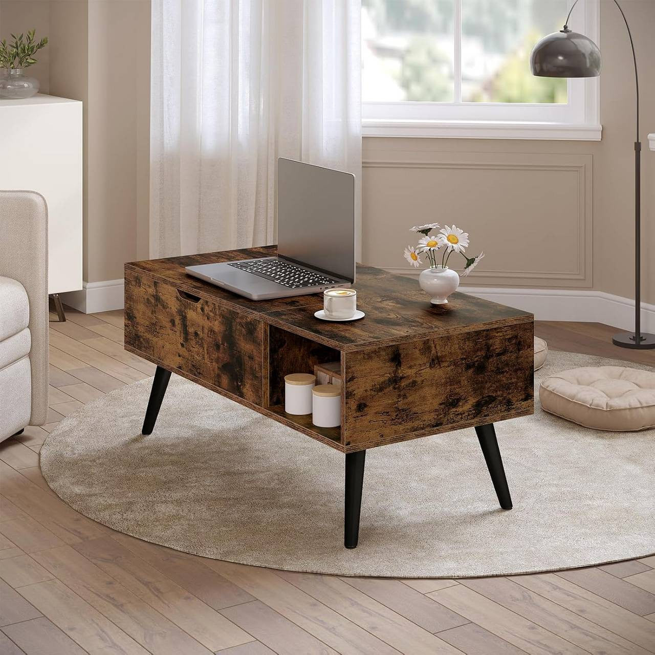 24goodz Adjustable Coffee Table - Ample Storage Space - Durable E1 Wood - For Living Room - Rustic Brown