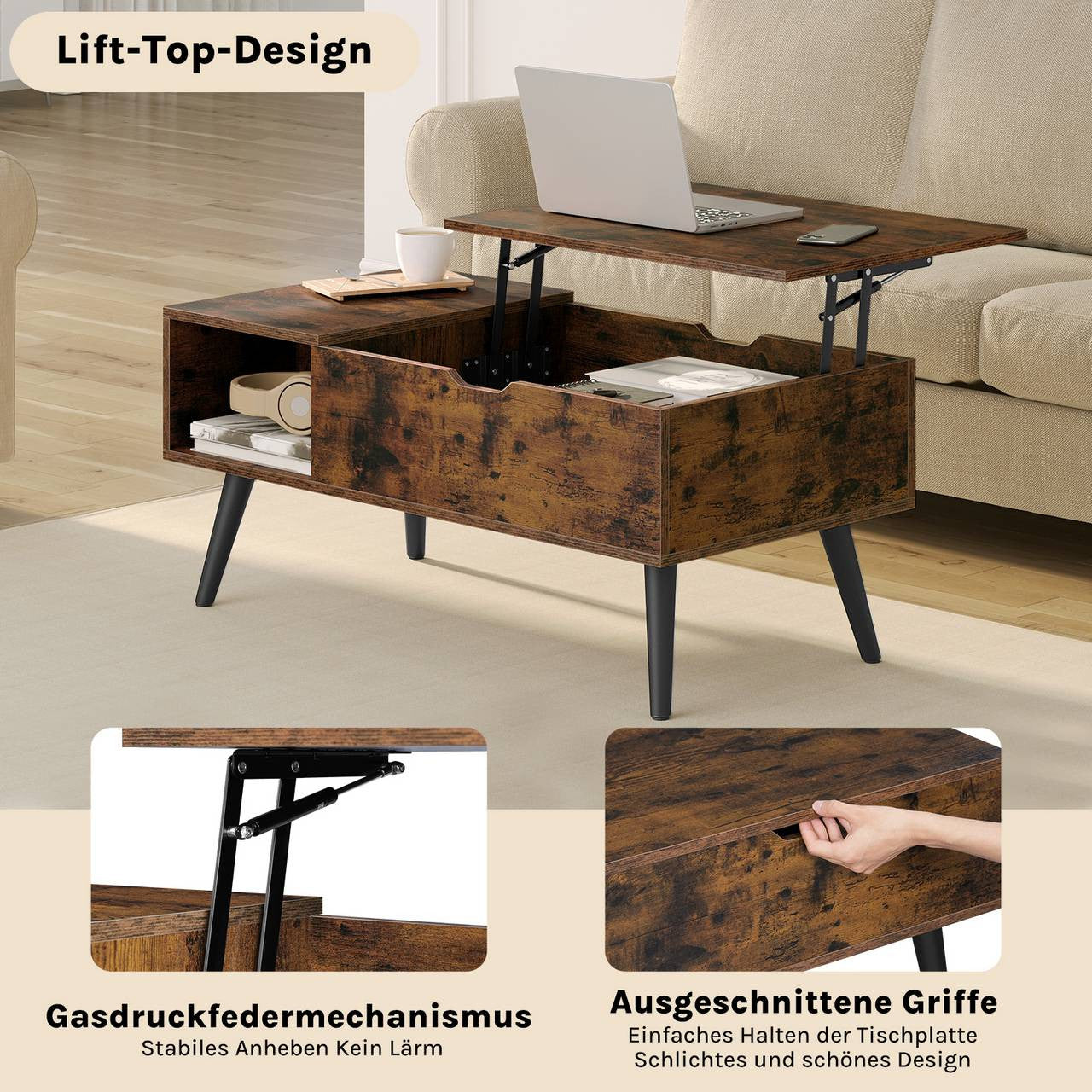 24goodz Adjustable Coffee Table - Ample Storage Space - Durable E1 Wood - For Living Room - Rustic Brown