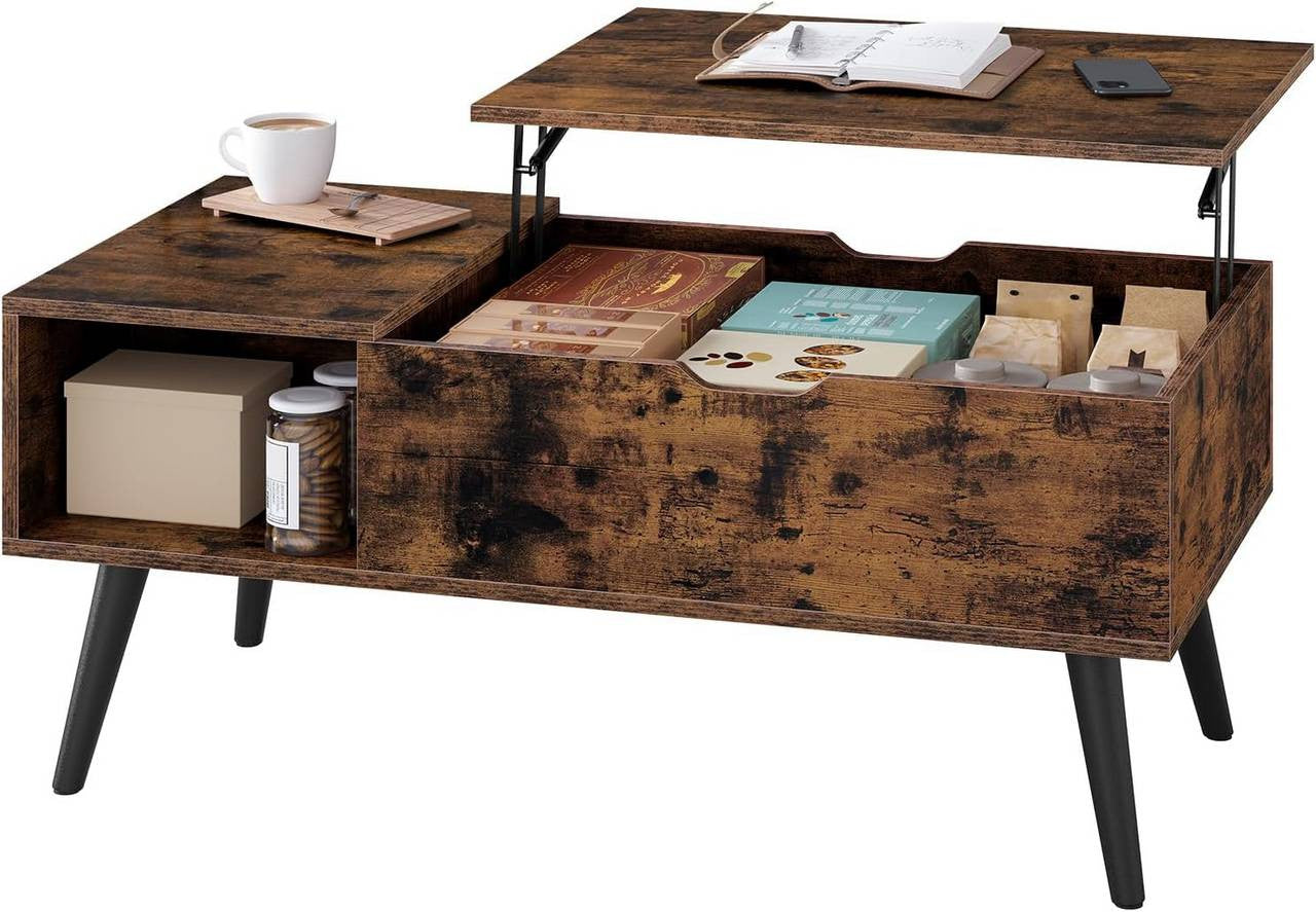 24goodz Adjustable Coffee Table - Ample Storage Space - Durable E1 Wood - For Living Room - Rustic Brown