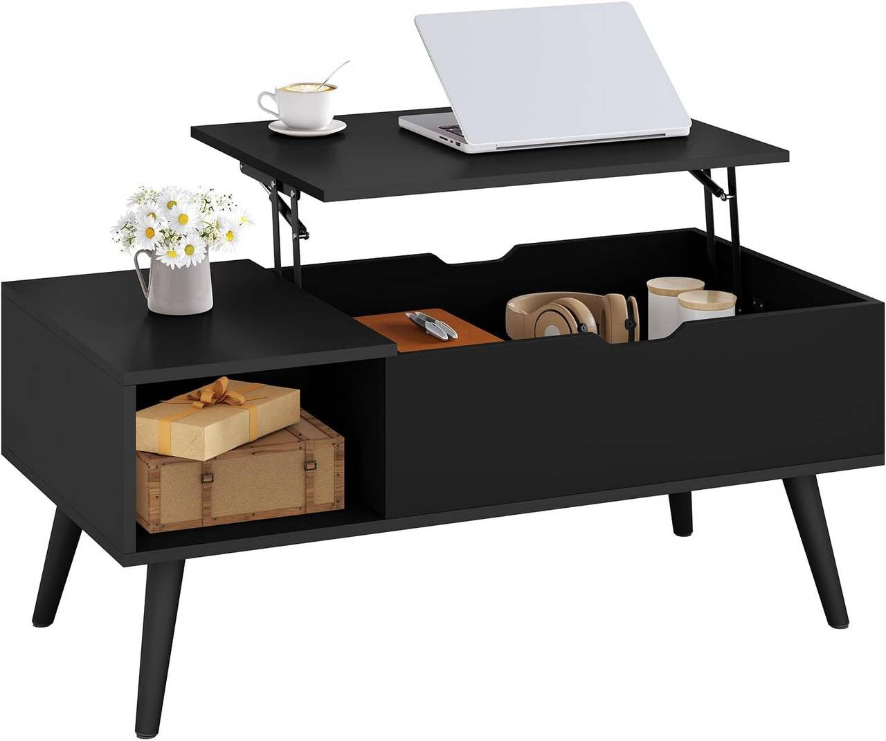 24goodz Adjustable Coffee Table - Versatile Lift-Top Design - E1 Wood and Metal - Black - 100 x (43-57) x 50 cm