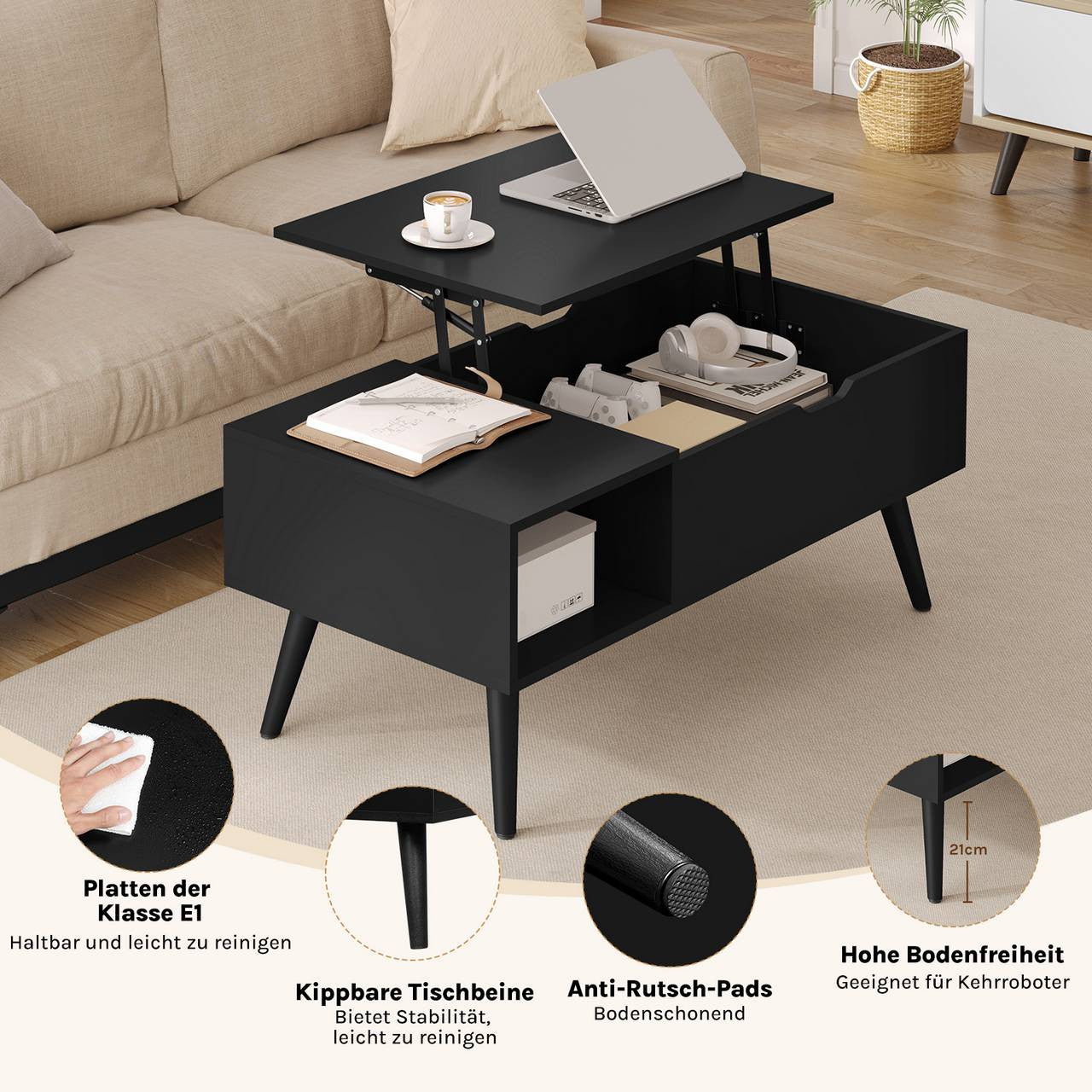 24goodz Adjustable Coffee Table - Versatile Lift-Top Design - E1 Wood and Metal - Black - 100 x (43-57) x 50 cm