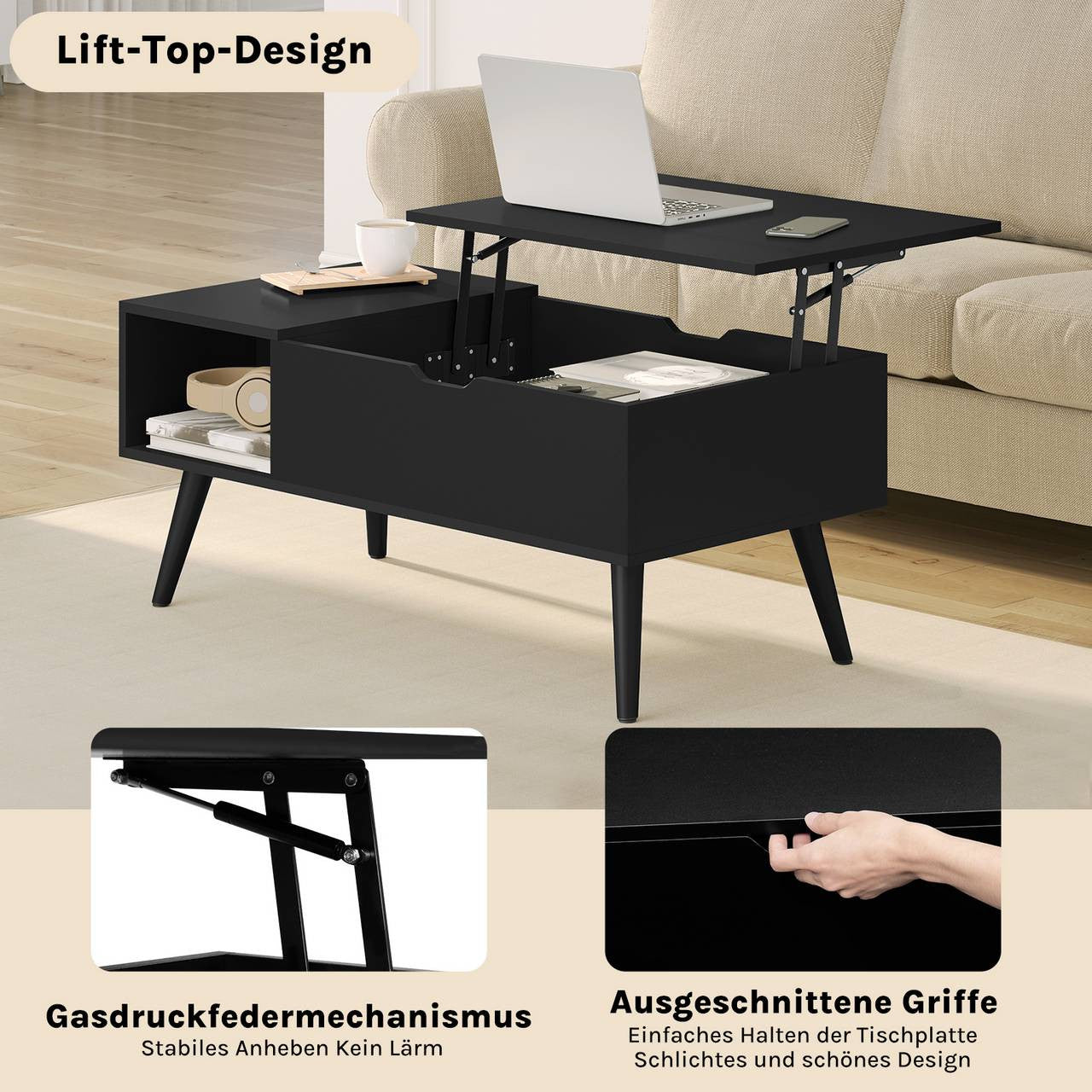 24goodz Adjustable Coffee Table - Versatile Lift-Top Design - E1 Wood and Metal - Black - 100 x (43-57) x 50 cm