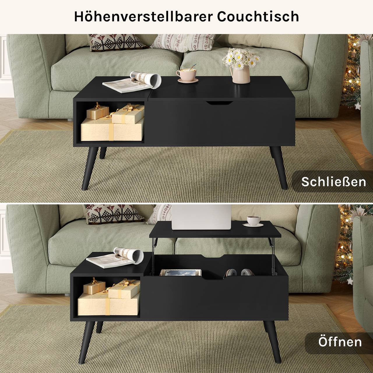 24goodz Adjustable Coffee Table - Versatile Lift-Top Design - E1 Wood and Metal - Black - 100 x (43-57) x 50 cm