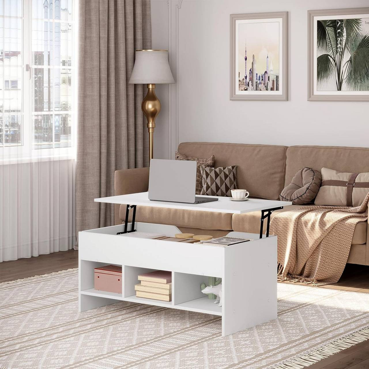 24goodz Lift Coffee Table - Versatile Design - Easy to Assemble - Wood Material - White - 96 x 45 x 51 cm