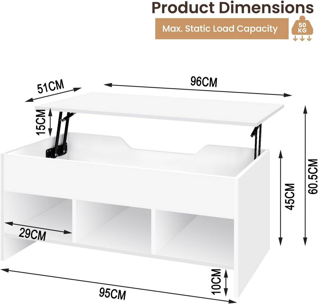 24goodz Lift Coffee Table - Versatile Design - Easy to Assemble - Wood Material - White - 96 x 45 x 51 cm