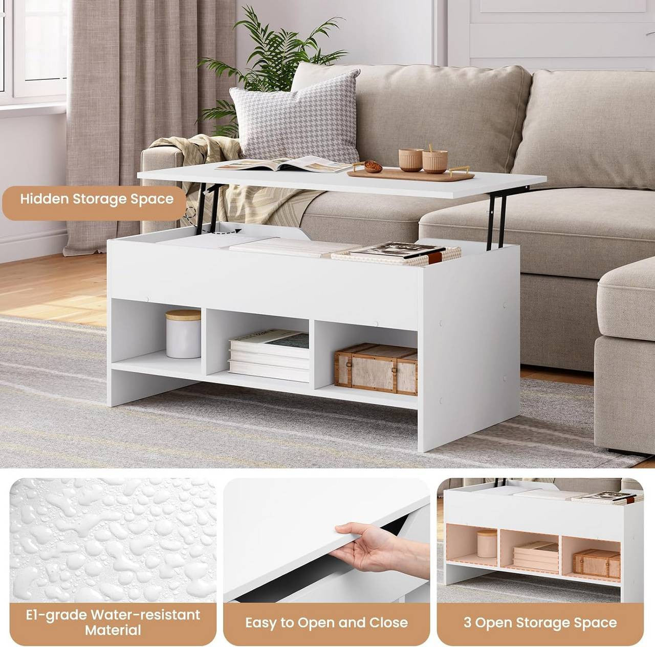 24goodz Lift Coffee Table - Versatile Design - Easy to Assemble - Wood Material - White - 96 x 45 x 51 cm
