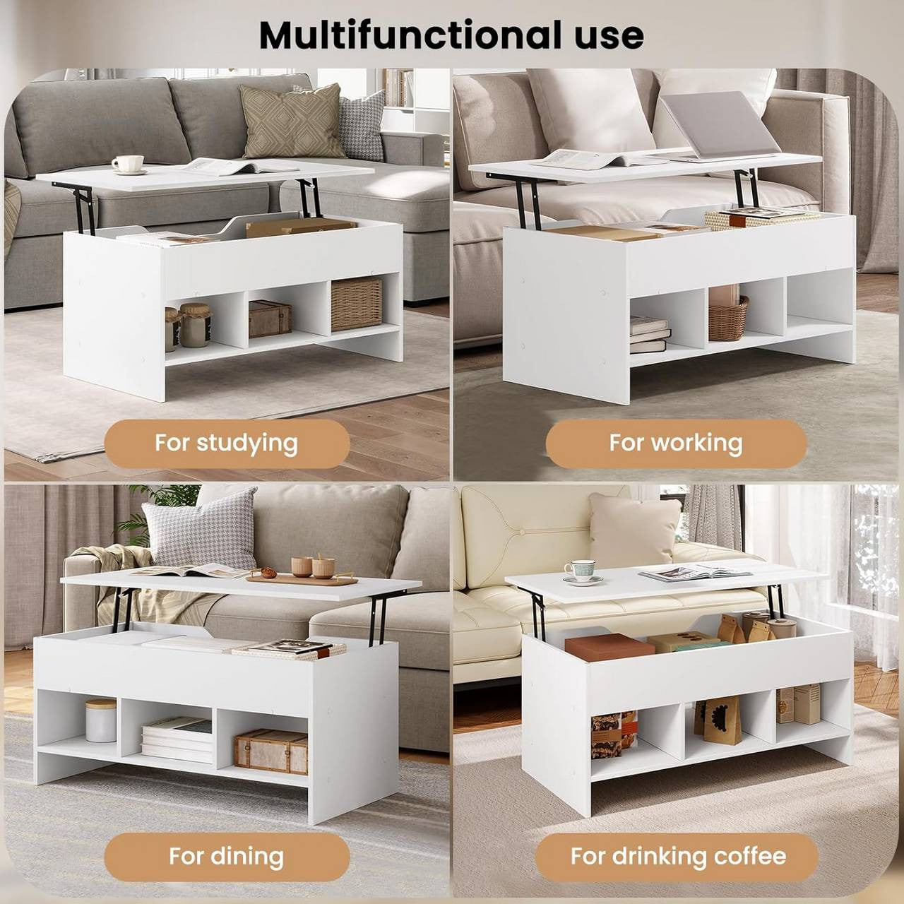 24goodz Lift Coffee Table - Versatile Design - Easy to Assemble - Wood Material - White - 96 x 45 x 51 cm