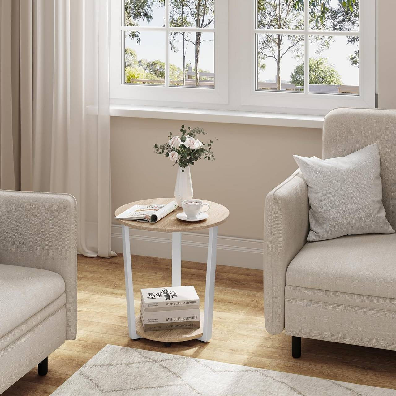 24goodz Round Side Table - Ample Storage Space - Chic & Versatile - Wood and Metal - Light Oak + Black - Ø 50 x 53 cm