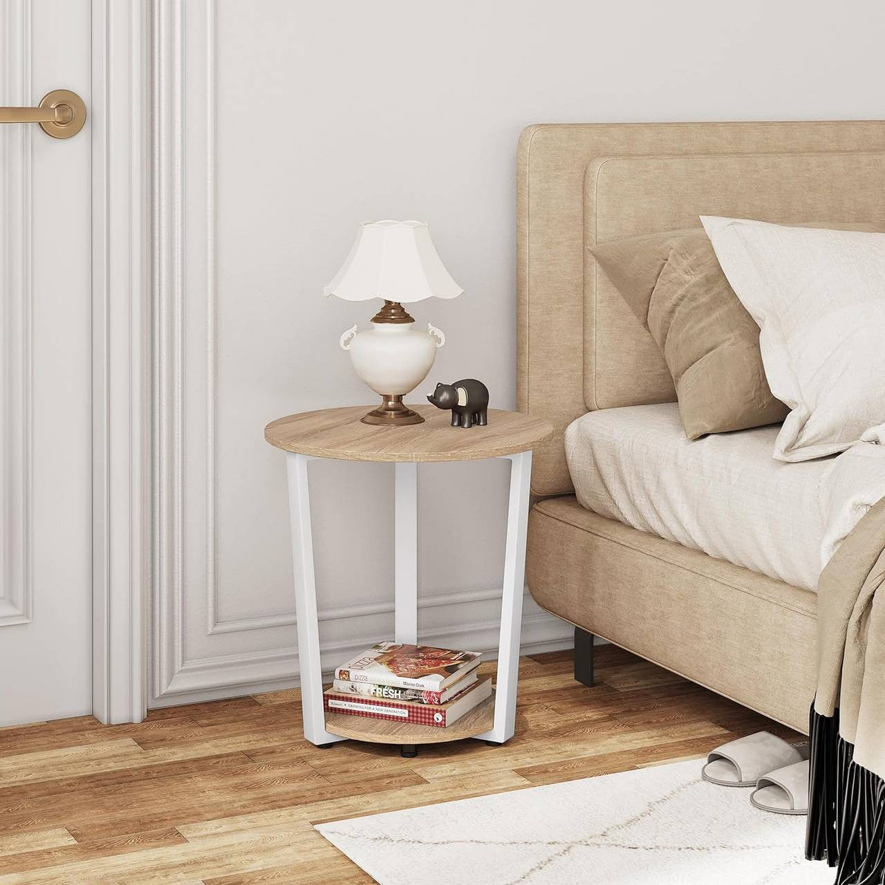24goodz Round Side Table - Ample Storage Space - Chic & Versatile - Wood and Metal - Light Oak + Black - Ø 50 x 53 cm