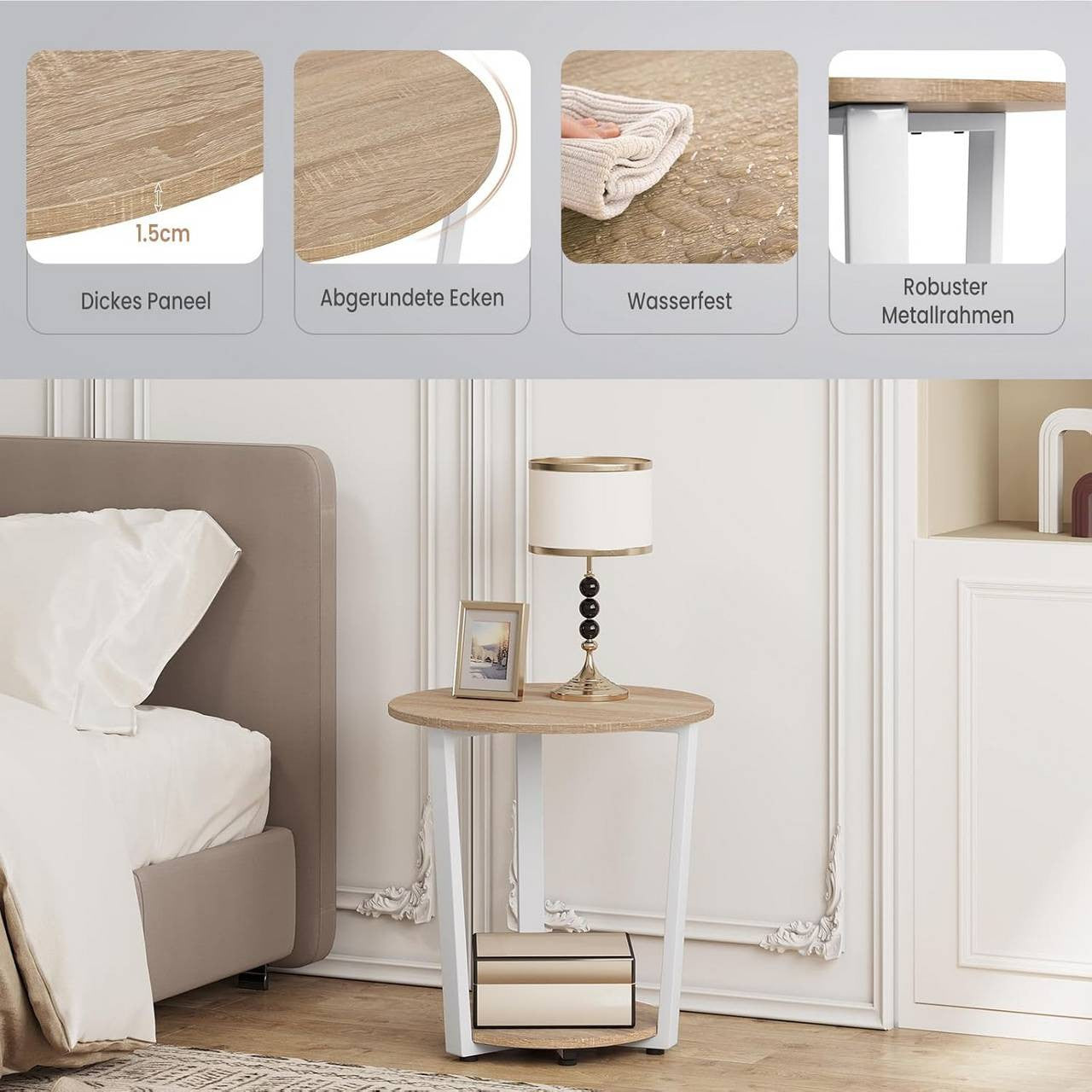 24goodz Round Side Table - Ample Storage Space - Chic & Versatile - Wood and Metal - Light Oak + Black - Ø 50 x 53 cm