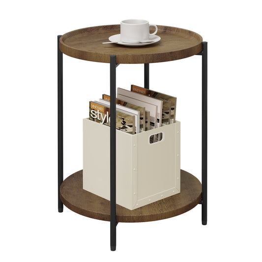 24goodz Round Coffee Table with 2 Shelves - Detachable Table Top - Sturdy Metal Frame - MDF + Metal - Vintage Wood Grain - 43.2 x 49.5 x 43.2 cm