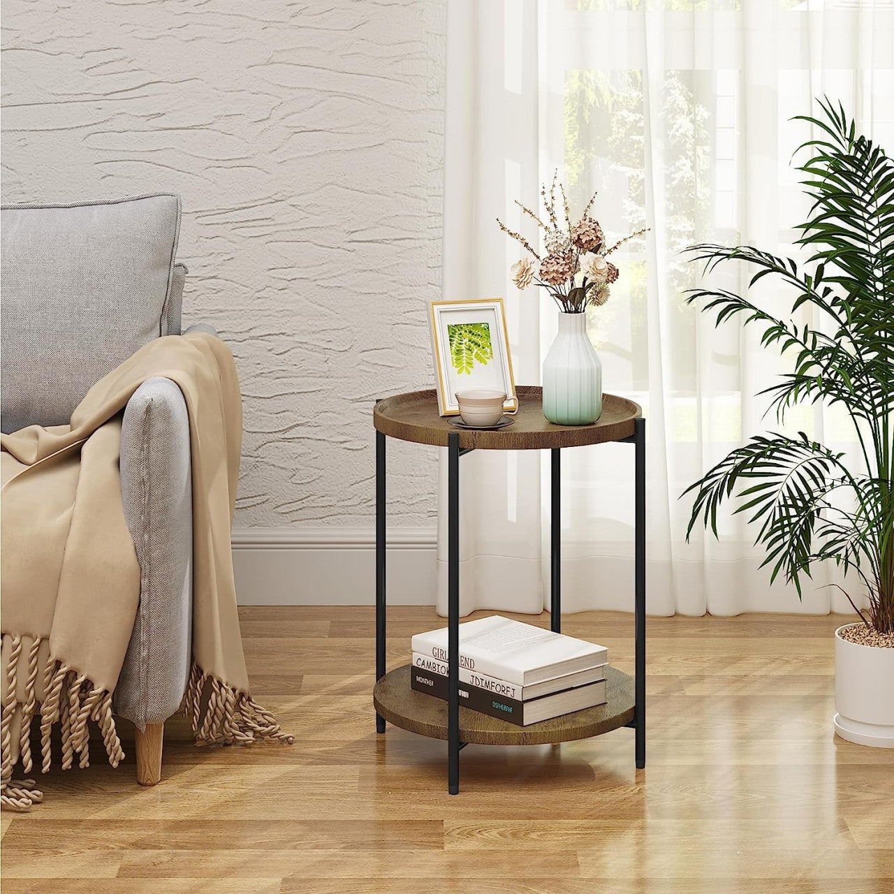 24goodz Round Coffee Table with 2 Shelves - Detachable Table Top - Sturdy Metal Frame - MDF + Metal - Vintage Wood Grain - 43.2 x 49.5 x 43.2 cm